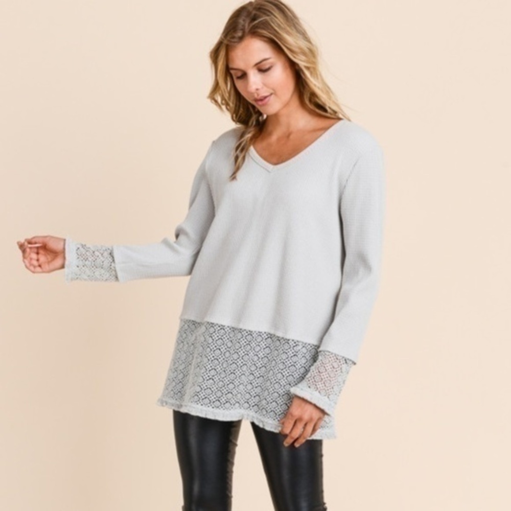 Doe & Rae Sweater Pointelle Layered Lace Gray NWT New